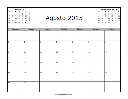 Calendario Agosto 2015 en Blanco