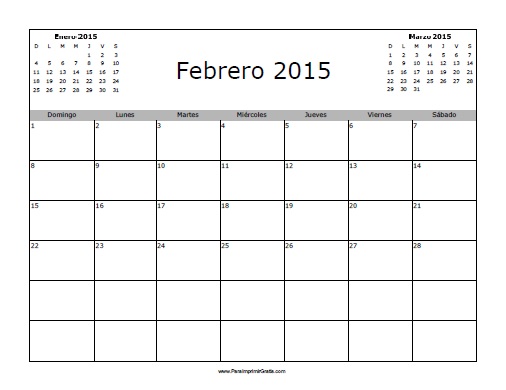 Calendario Febrero 2015 en Blanco