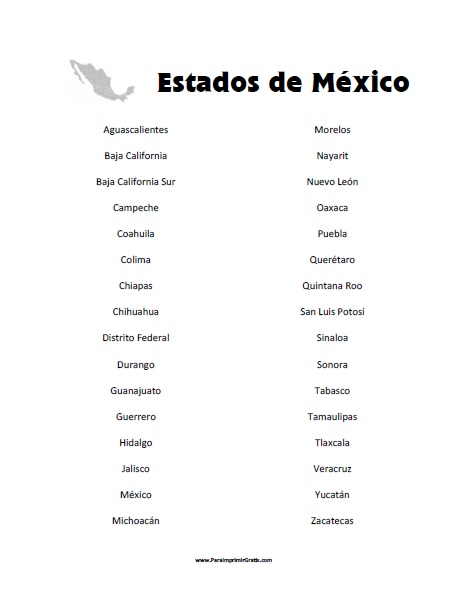 Lista de Estados de México para Imprimir