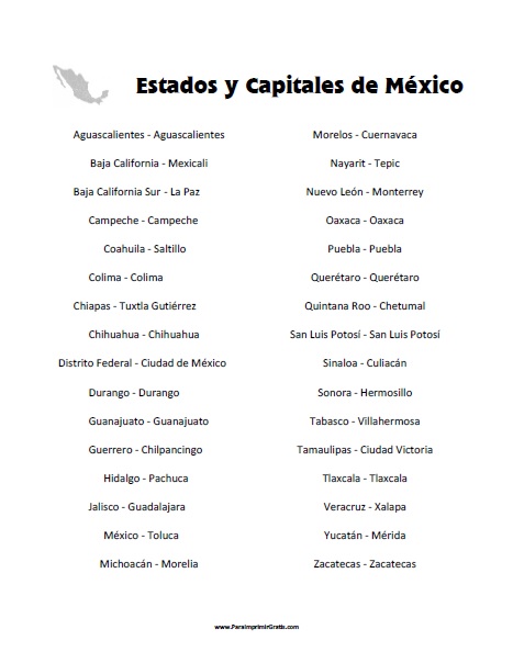 Lista de Estados y Capitales de México para Imprimir