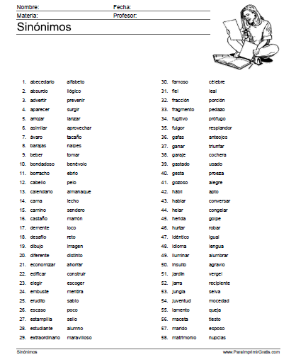 Lista de Sinónimos en Español para Imprimir