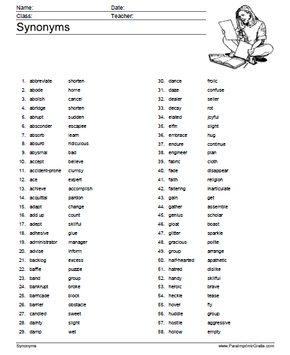 Lista de Sinónimos en Inglés para Imprimir