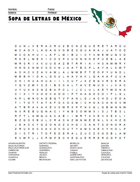 Sopa de Letras de México para Imprimir Gratis