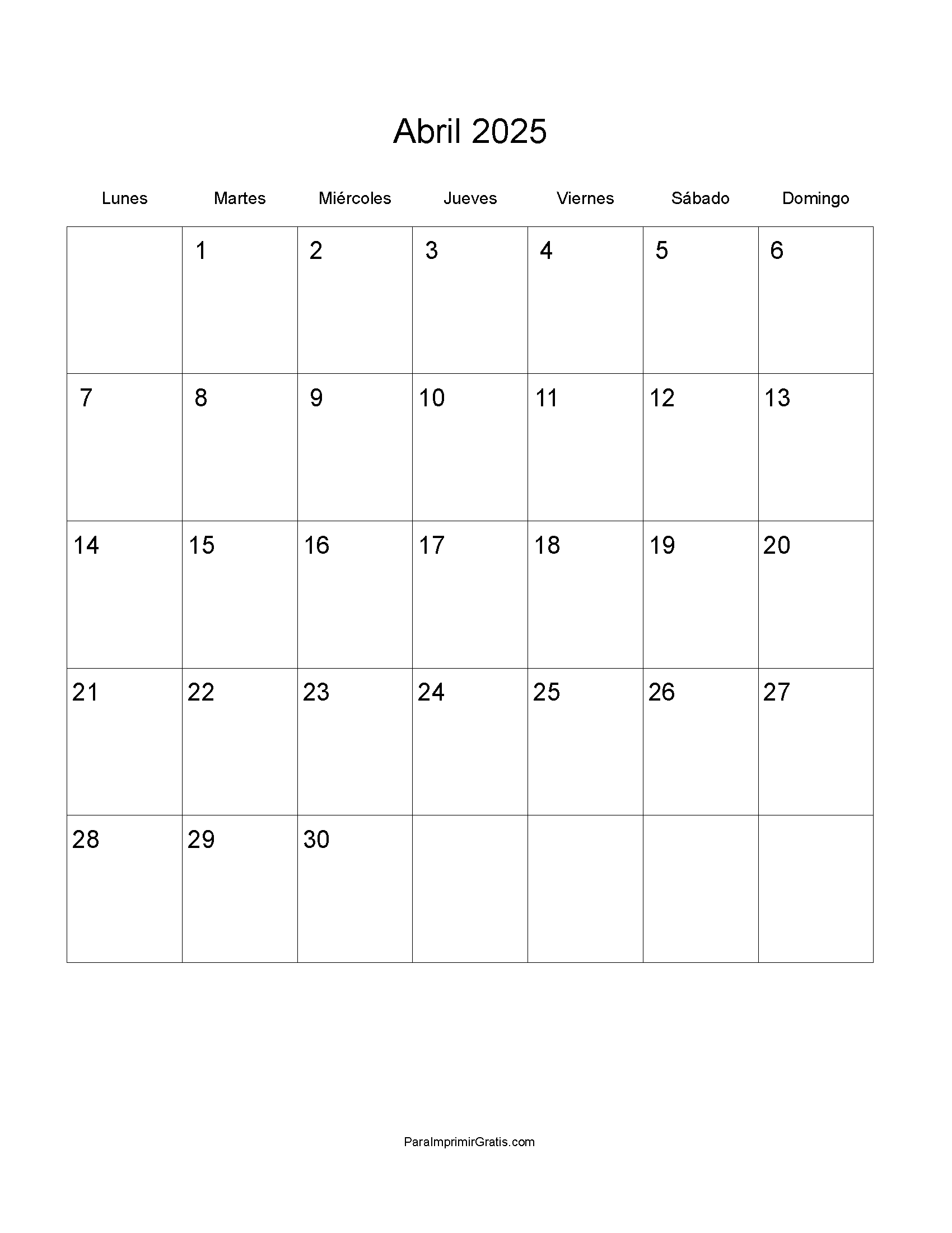 Calendario Abril 2025