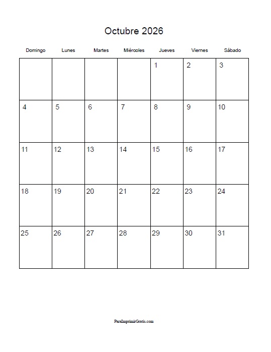Calendario Octubre 2026 ParaImprimirGratis Calendario Octubre 2026 ParaImprimirGratis