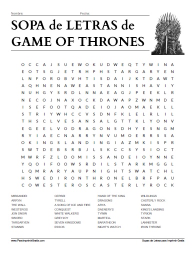 Sopa de Letras de Game of Thrones