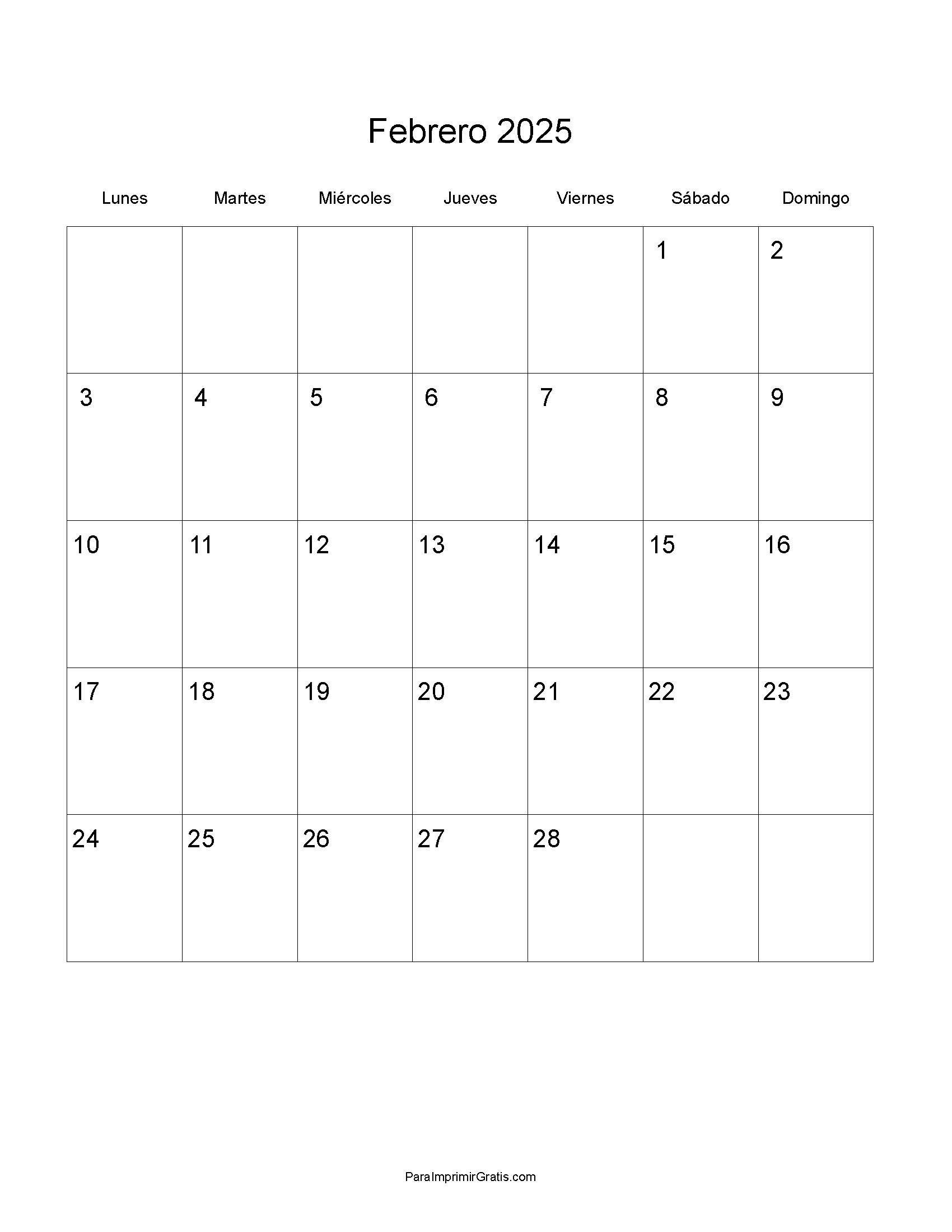 Calendario Febrero 2025