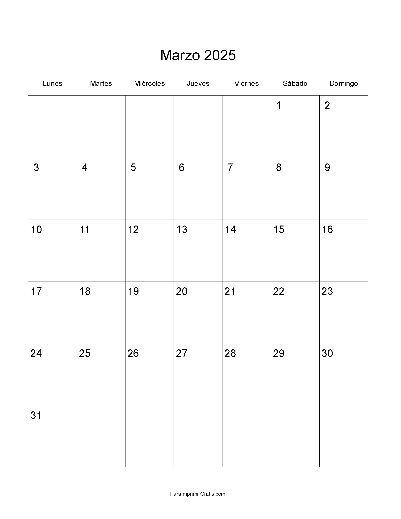Calendario Marzo 2025