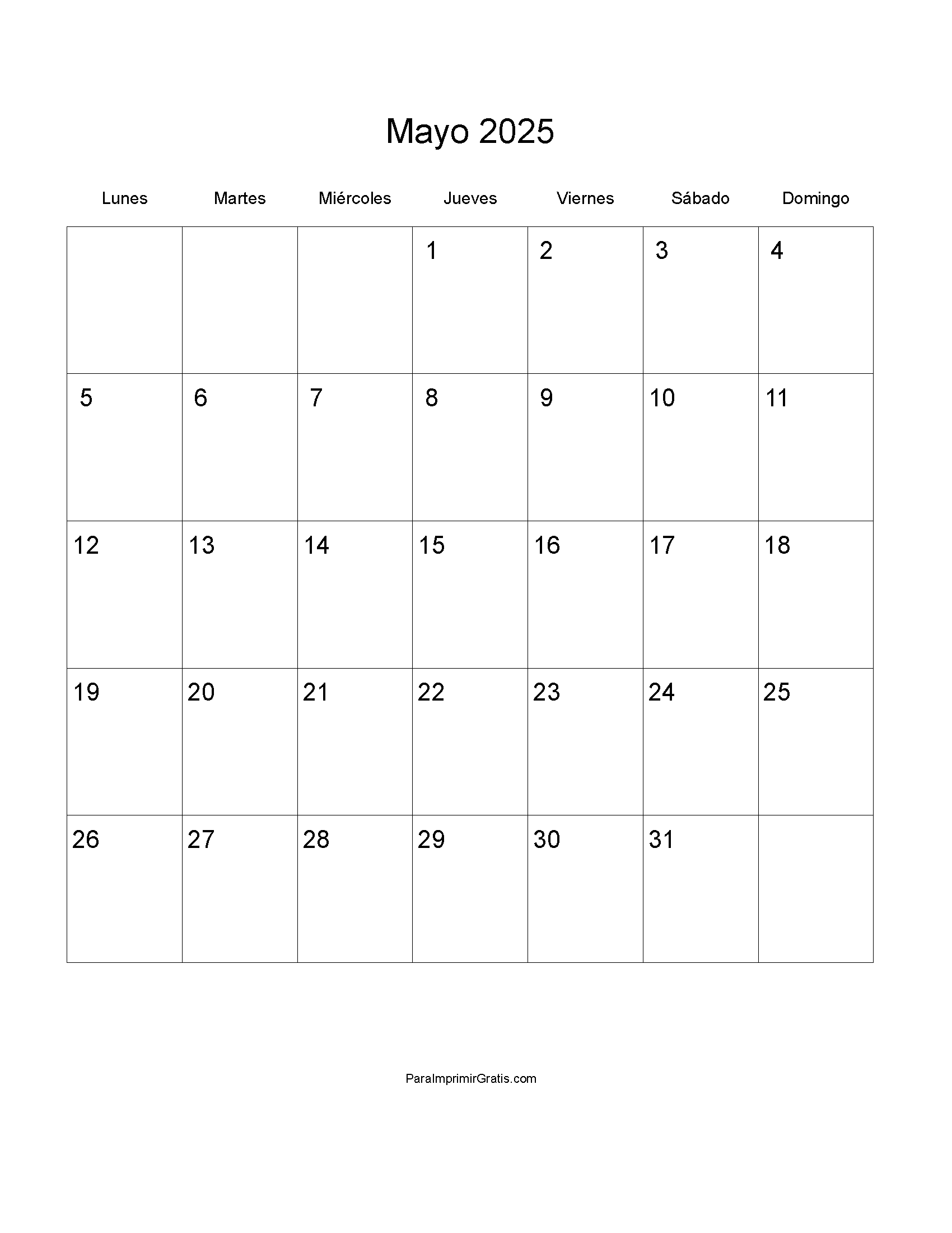Calendario Mayo 2025