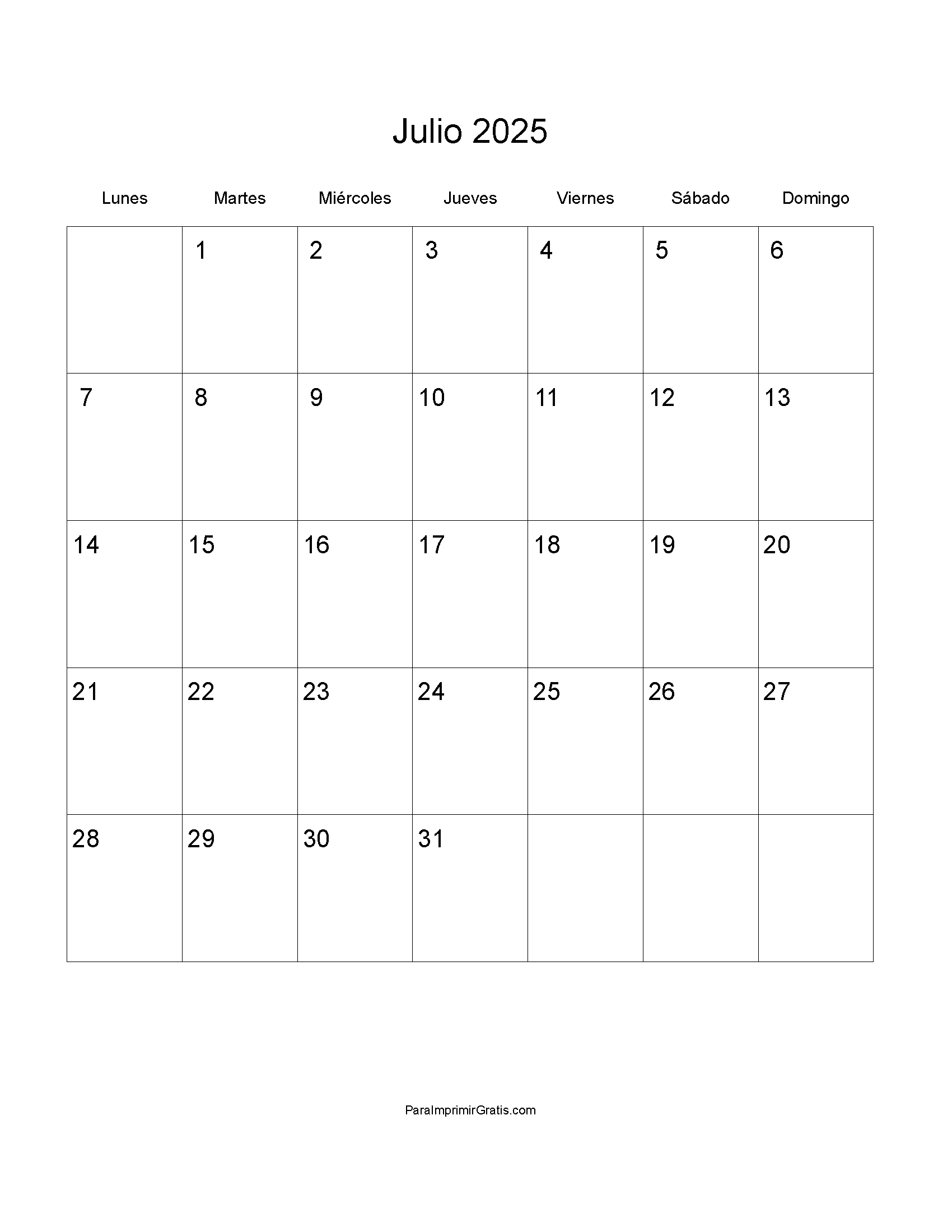 Calendario Julio 2025