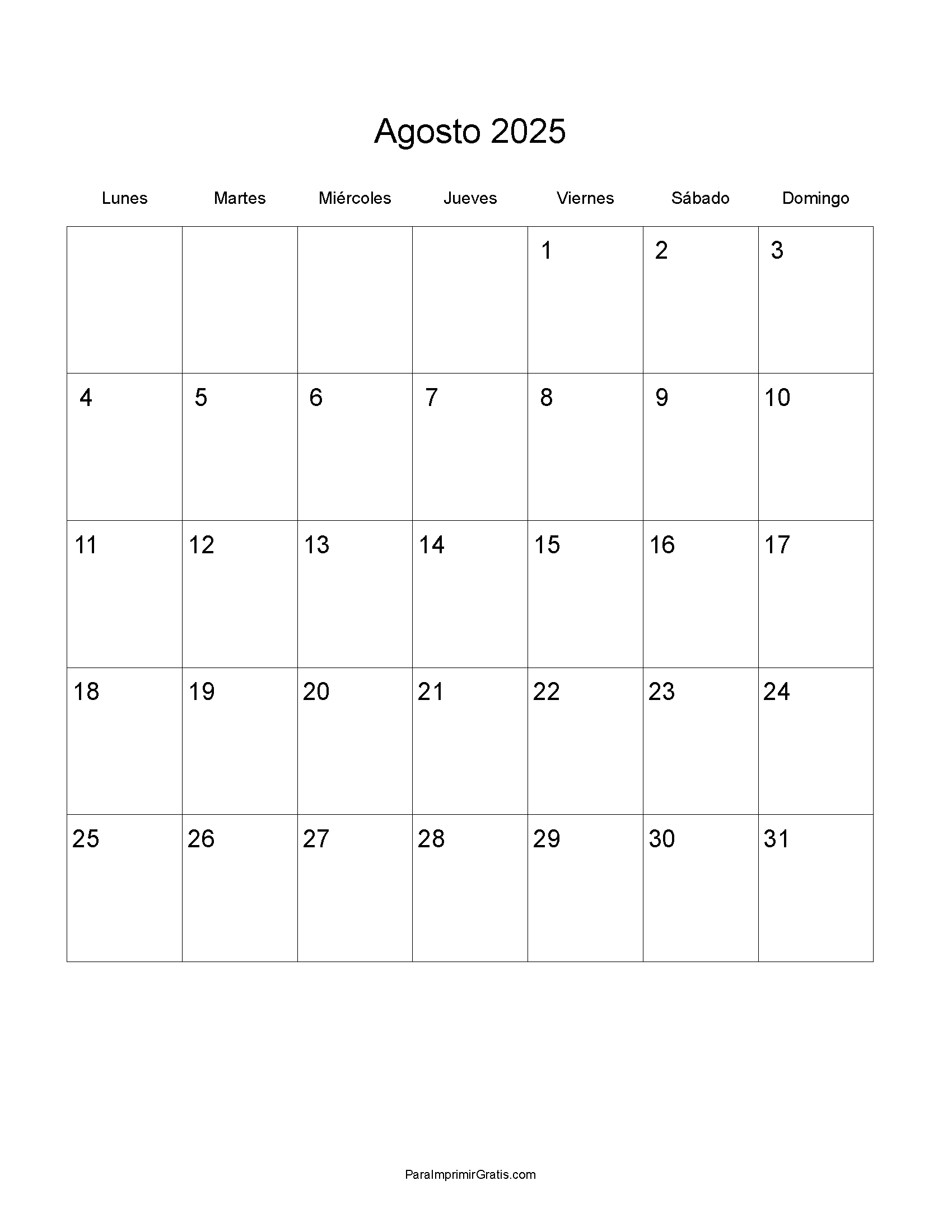 Calendario Agosto 2025