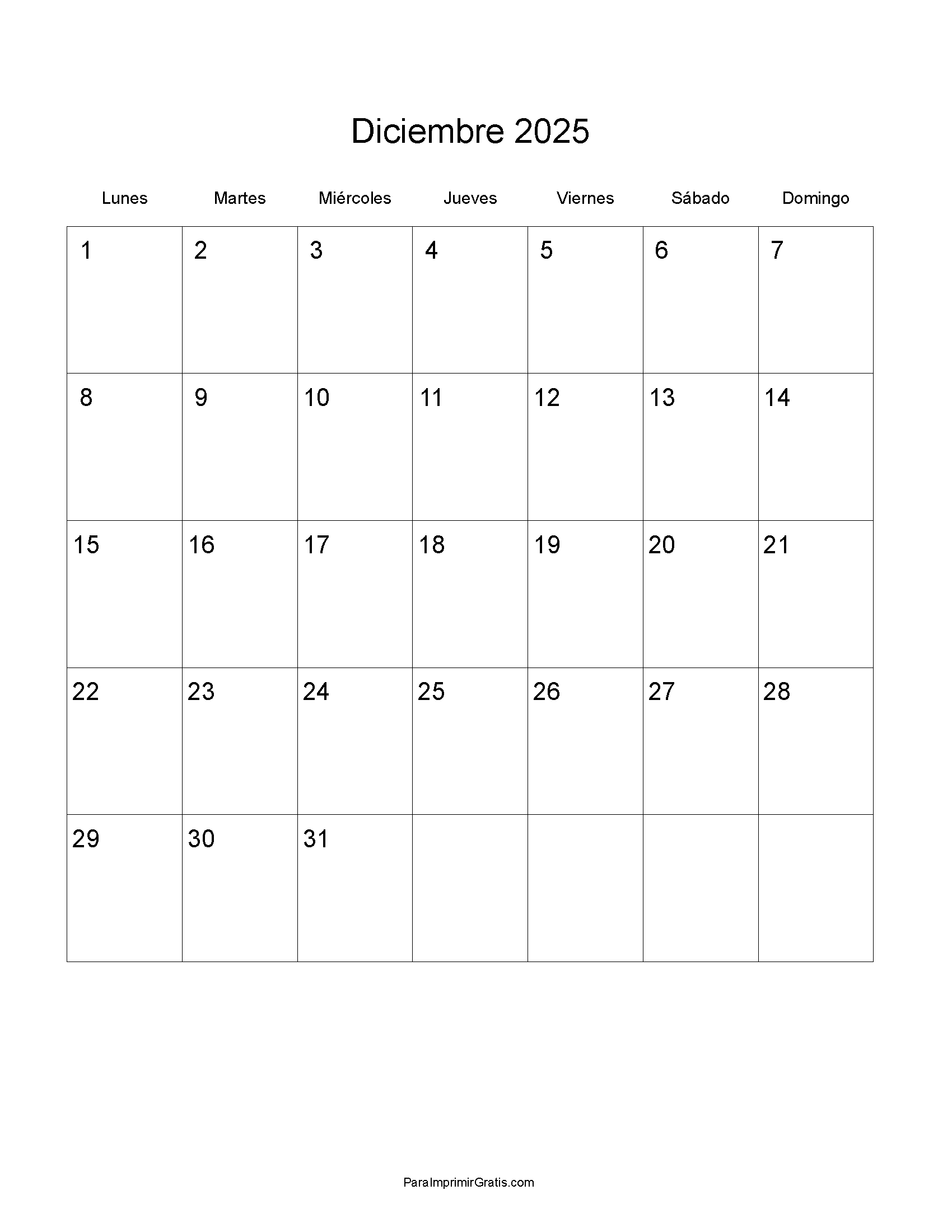 Calendario Diciembre 2025